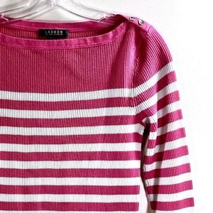 Lauren Ralph Lauren Sweater Pink White Striped Ribbed Boatneck Button Shoulder M